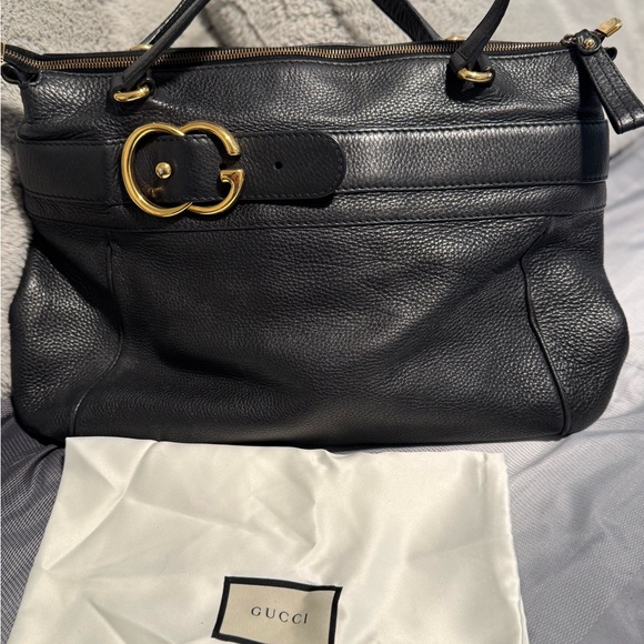 Gucci Handbags - Gucci Black Pebbled Leather Tote with Gold GG Accent